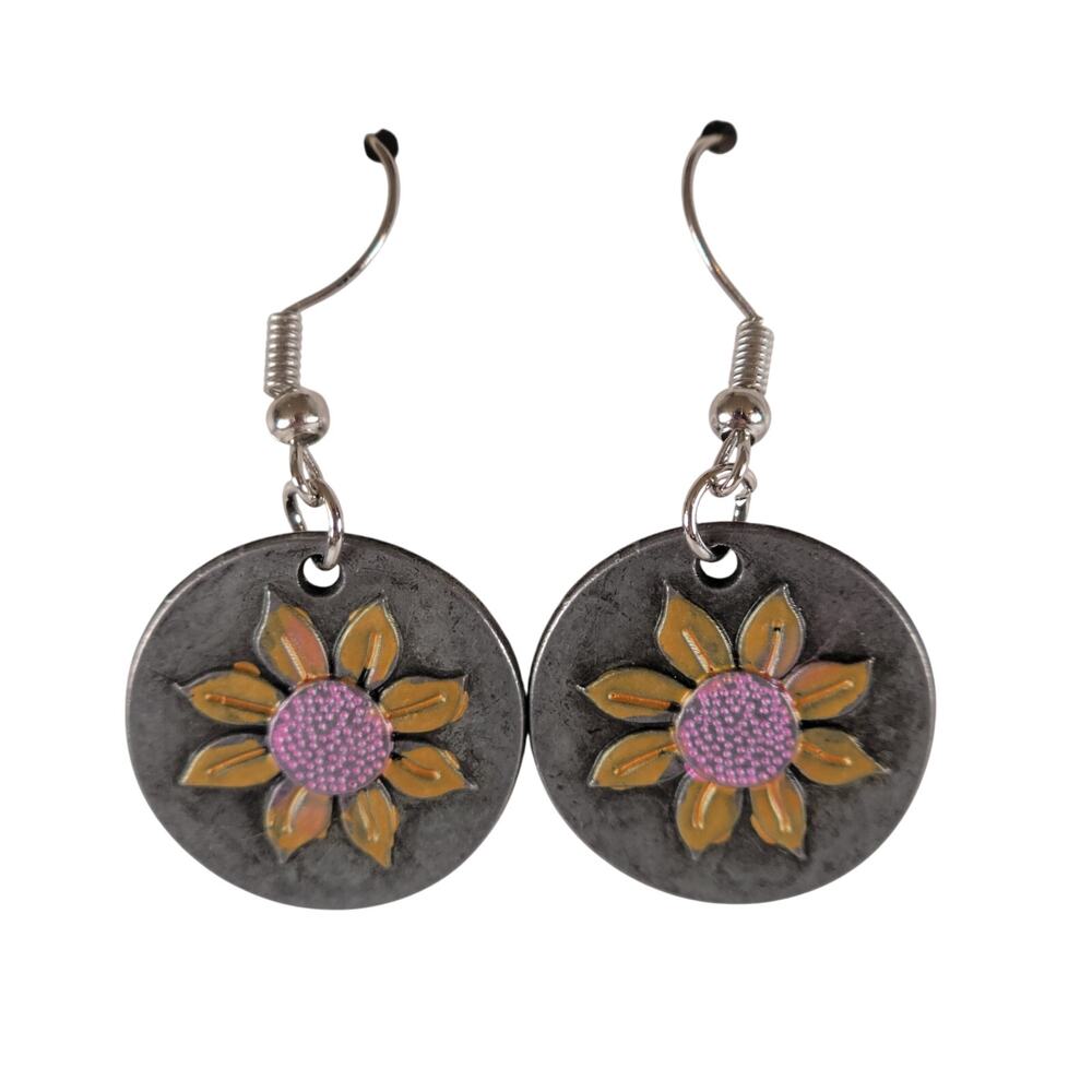 NWT Sunflower Dangle Earrings Round Disc Gray Yellow Pink Floral Boho Jewelry